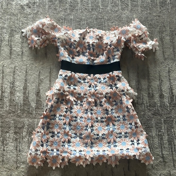 Self Portrait Off Shoulder Mini Dress, Floral Details- Size 0. Blue, Pink, White - Picture 2 of 7